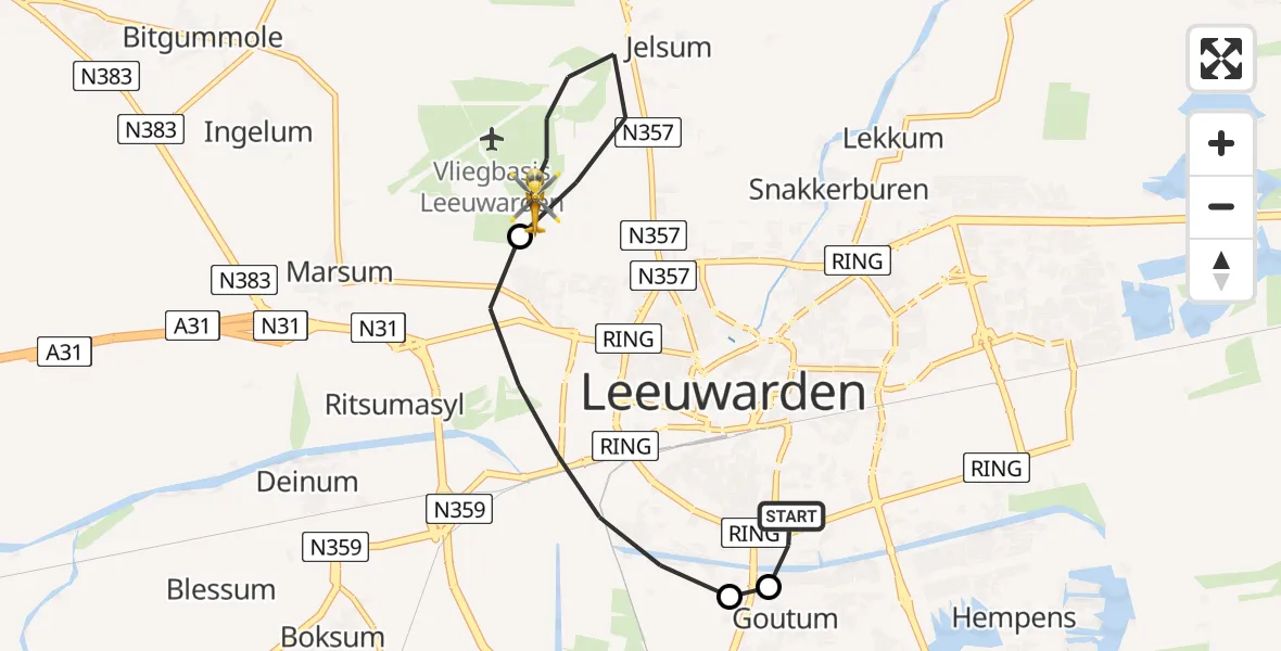 Vluchtroute Ambulancehelikopter van Leeuwarden Medical Center Heliport naar Vliegbasis Leeuwarden