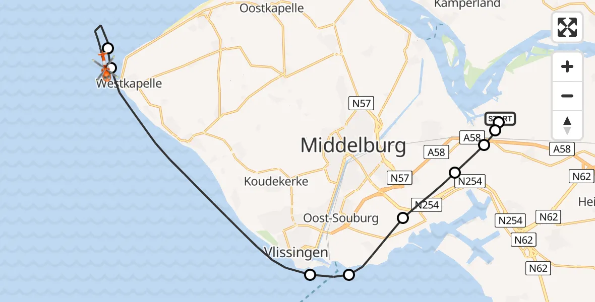 Vluchtroute Kustwachthelikopter van Vliegveld Midden-Zeeland naar Noordzee