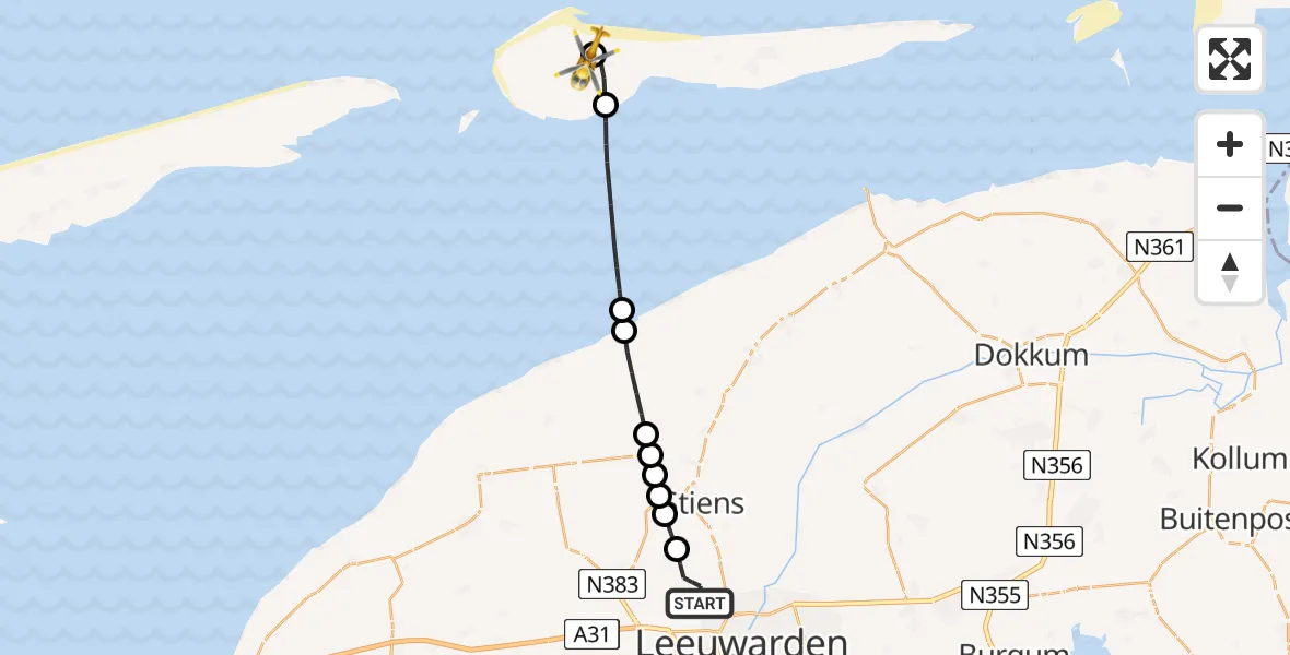 Vluchtroute Ambulancehelikopter van Vliegbasis Leeuwarden naar Ameland Vliegveld Ballum
