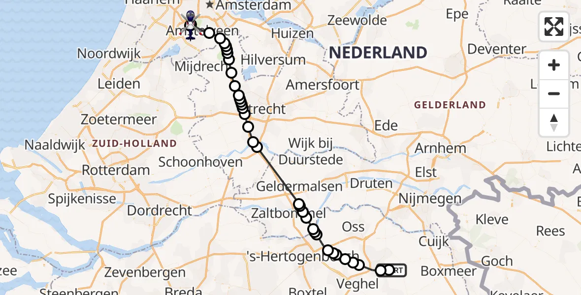 Vluchtroute Politiehelikopter van Vliegbasis Volkel naar Amsterdam Vliegveld Schiphol