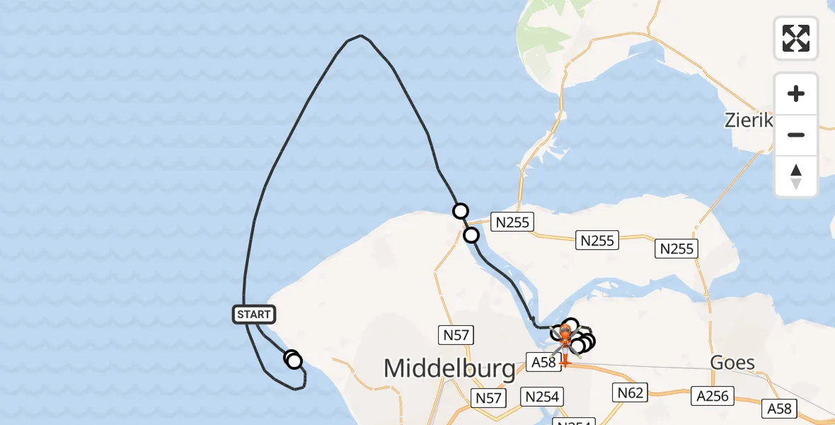 Vluchtroute Kustwachthelikopter van Noordzee naar Vliegveld Midden-Zeeland