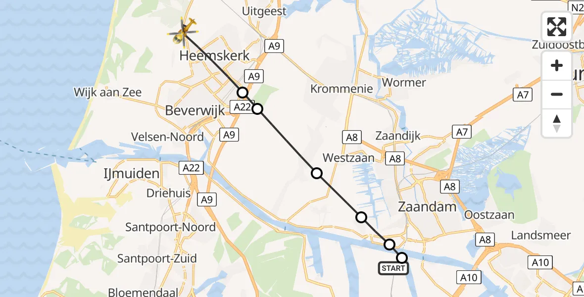 Vluchtroute Traumahelikopter van Amsterdam Heliport naar Heemskerk