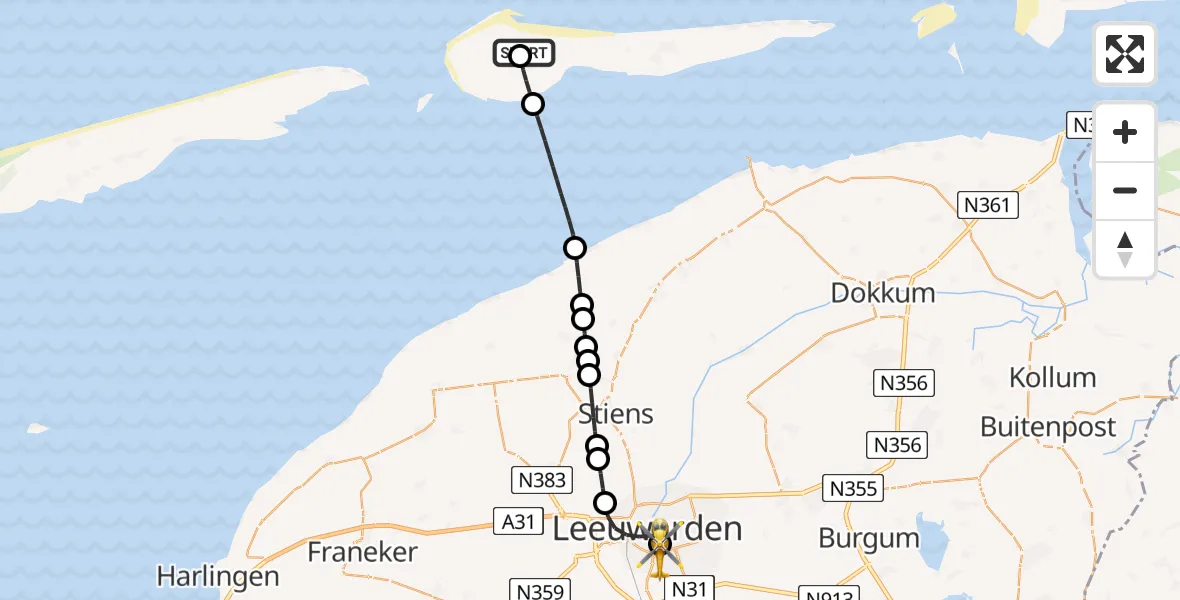 Vluchtroute Ambulancehelikopter van Ameland Vliegveld Ballum naar Leeuwarden Medical Center Heliport