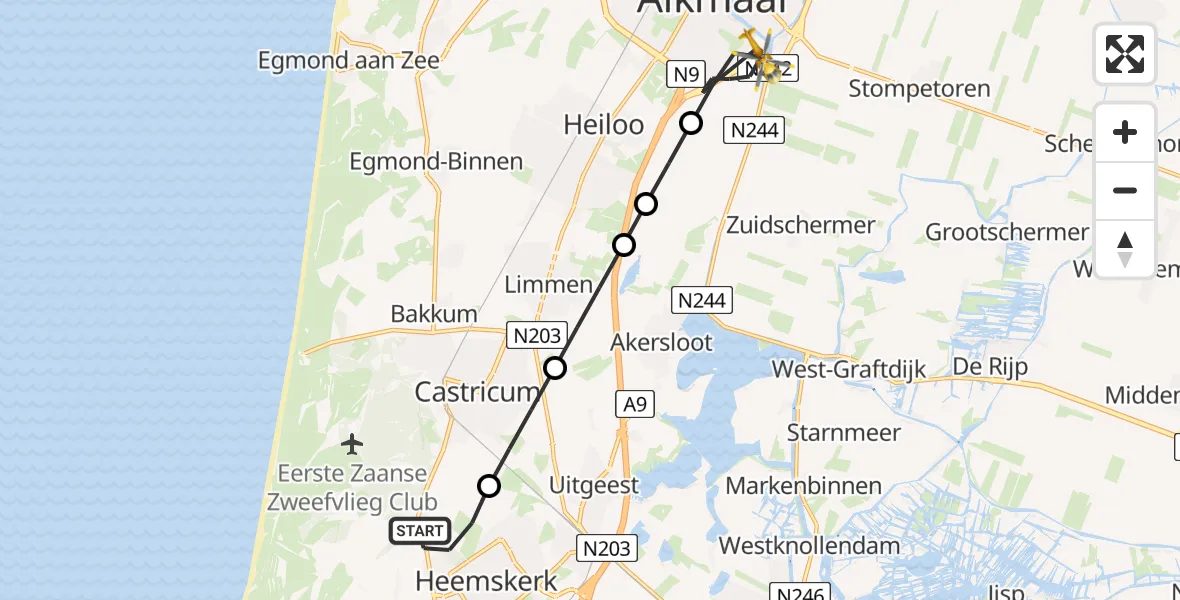 Vluchtroute Traumahelikopter van Heemskerk naar Alkmaar