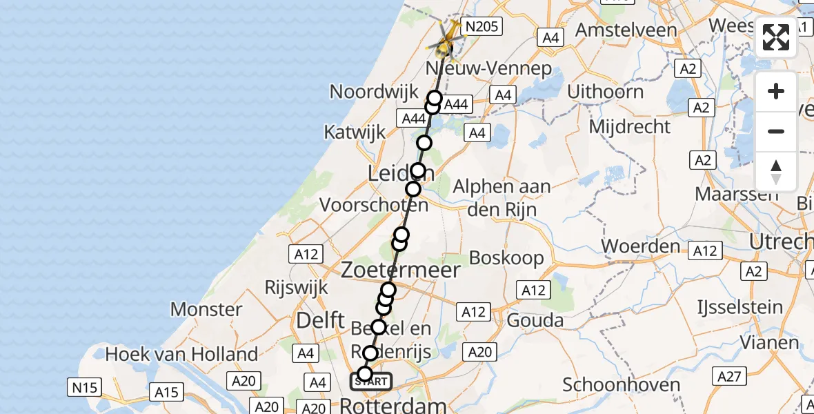 Vluchtroute Traumahelikopter van Rotterdam The Hague Airport naar Hillegom