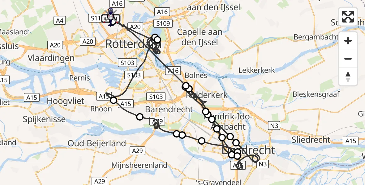 Vluchtroute Politiehelikopter van Rotterdam The Hague Airport naar Rotterdam The Hague Airport