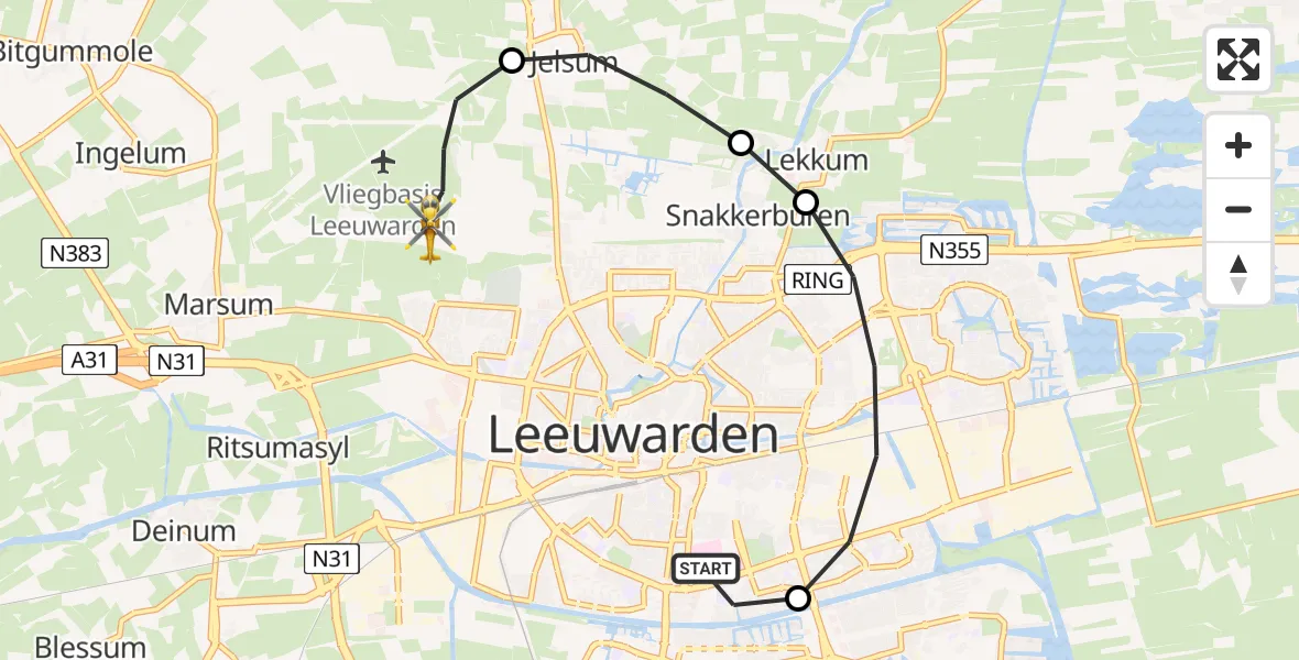 Vluchtroute Ambulancehelikopter van Leeuwarden Medical Center Heliport naar Vliegbasis Leeuwarden