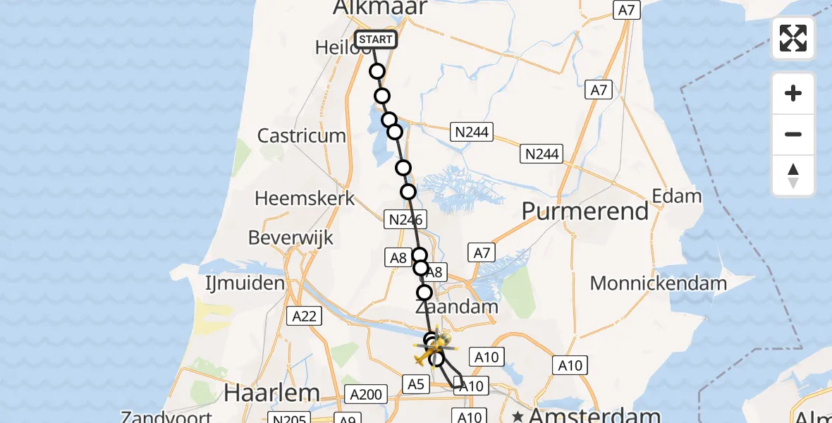 Vluchtroute Traumahelikopter van Alkmaar naar Amsterdam Heliport