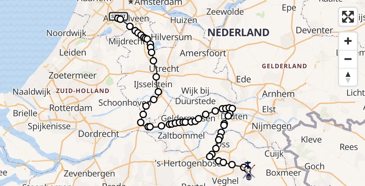 Vluchtroute Politiehelikopter van Amsterdam Vliegveld Schiphol naar Vliegbasis Volkel