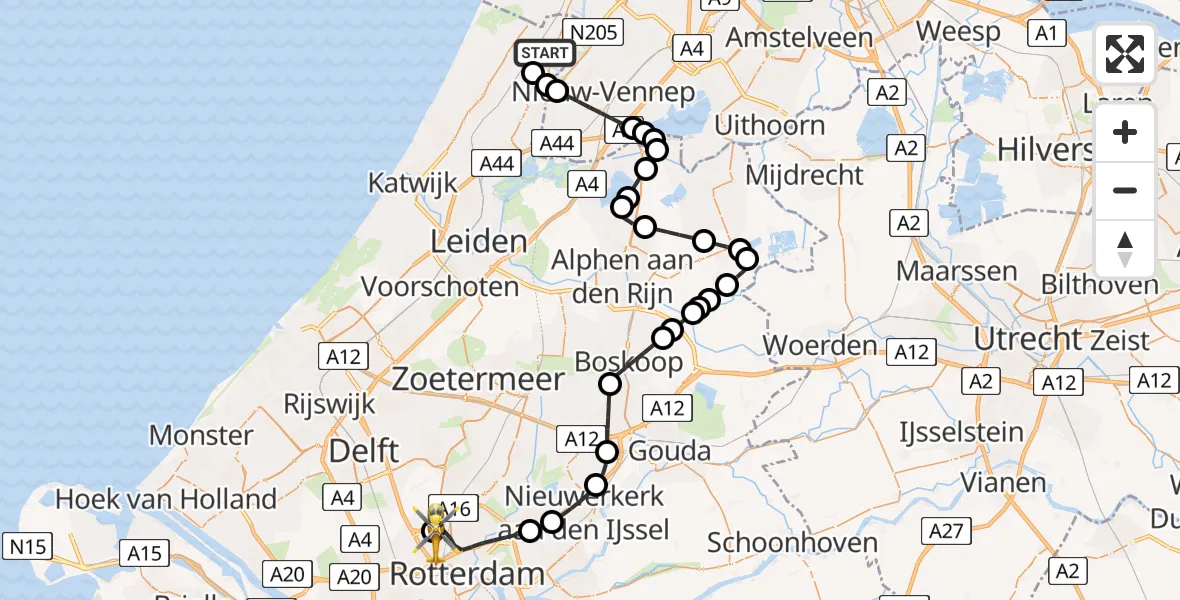 Vluchtroute Traumahelikopter van Hillegom naar Rotterdam The Hague Airport