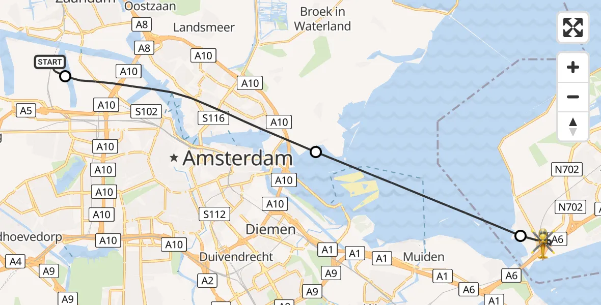 Vluchtroute Traumahelikopter van Amsterdam Heliport naar Almere