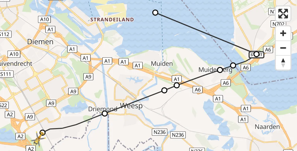 Vluchtroute Traumahelikopter van Almere naar Amsterdam UMC Helipad