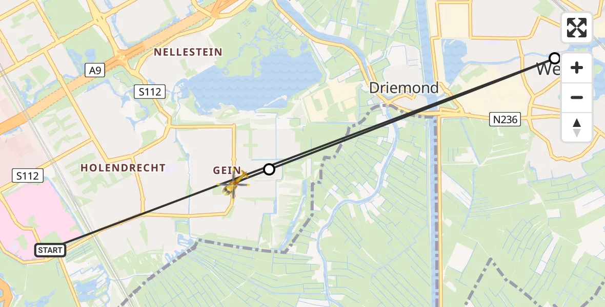 Vluchtroute Traumahelikopter van Amsterdam UMC Helipad naar Amsterdam