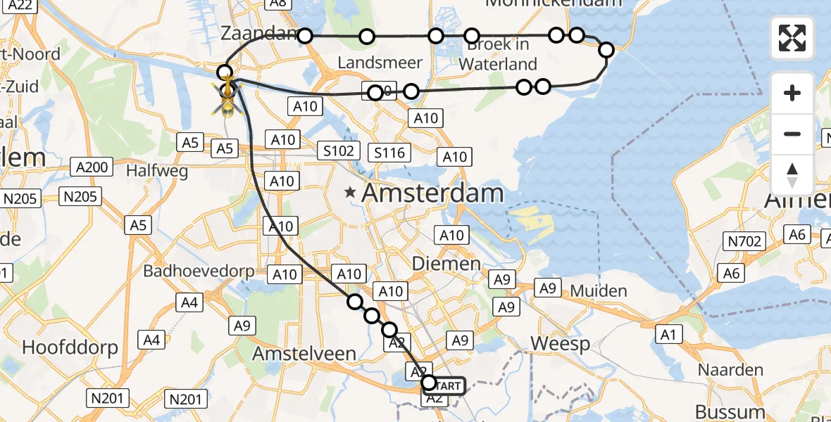 Vluchtroute Traumahelikopter van Amsterdam UMC Helipad naar Amsterdam Heliport