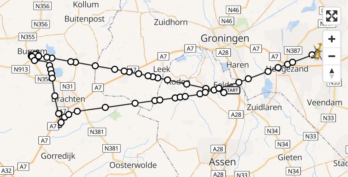 Vluchtroute Traumahelikopter van Groningen Airport Eelde naar Noordbroek
