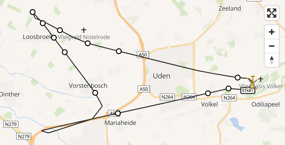 Vluchtroute Traumahelikopter van Vliegbasis Volkel naar Vliegbasis Volkel