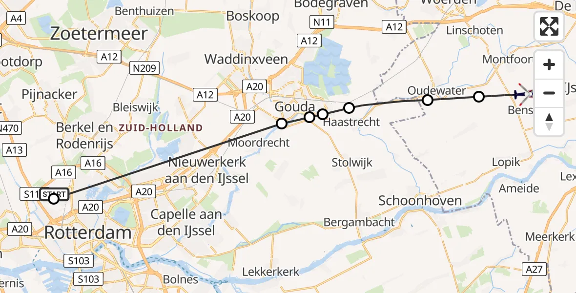 Vluchtroute Politiehelikopter van Rotterdam The Hague Airport naar Montfoort