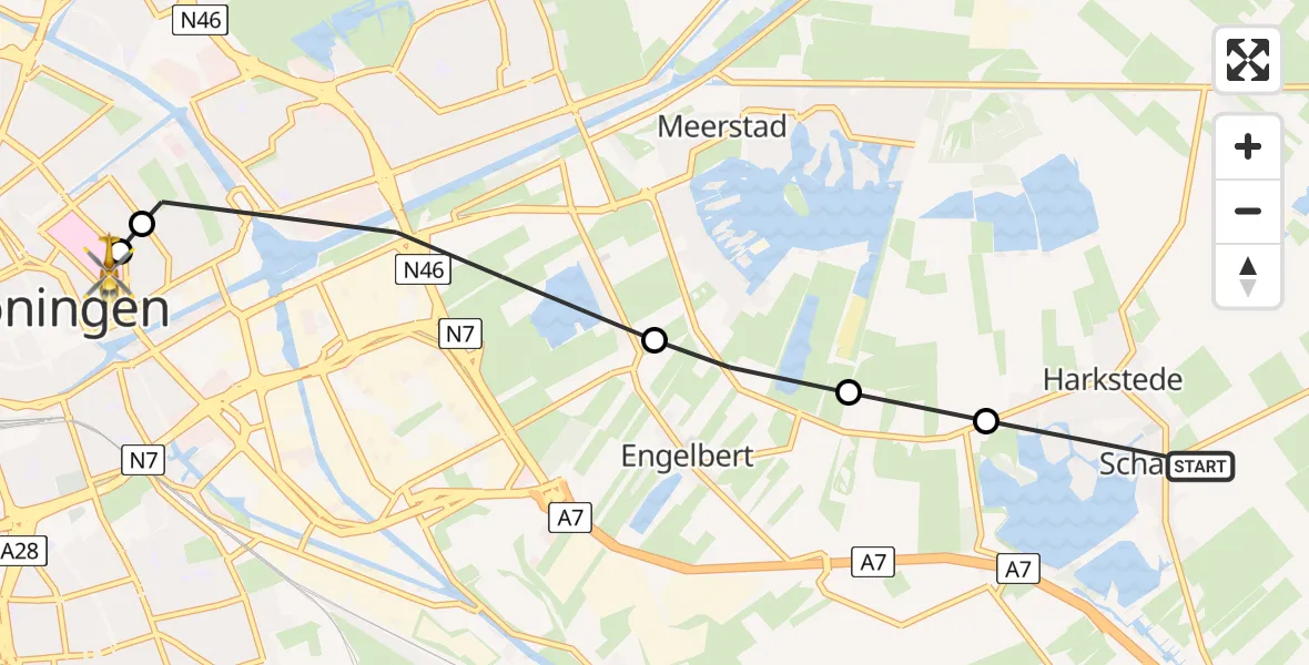 Vluchtroute Traumahelikopter van Scharmer naar Universitair Medisch Centrum Groningen