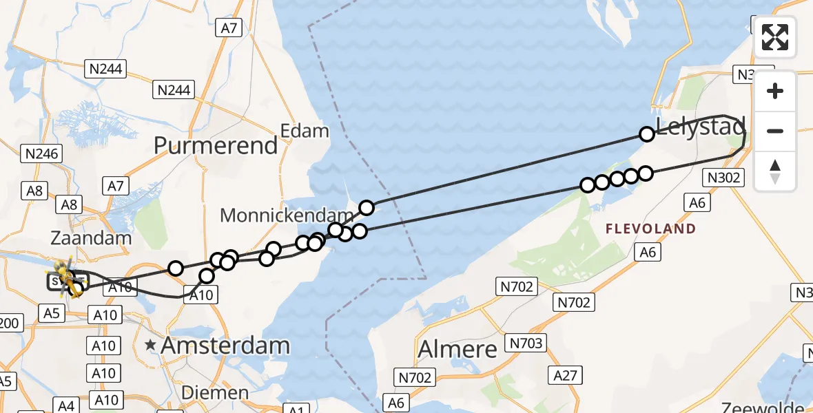 Vluchtroute Traumahelikopter van Amsterdam Heliport naar Amsterdam Heliport