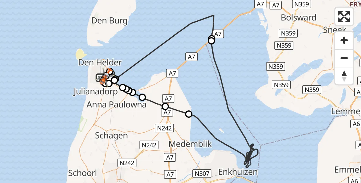 Vluchtroute Kustwachthelikopter van Militair vliegveld De Kooy / Den Helder Airport naar Militair vliegveld De Kooy / Den Helder Airport
