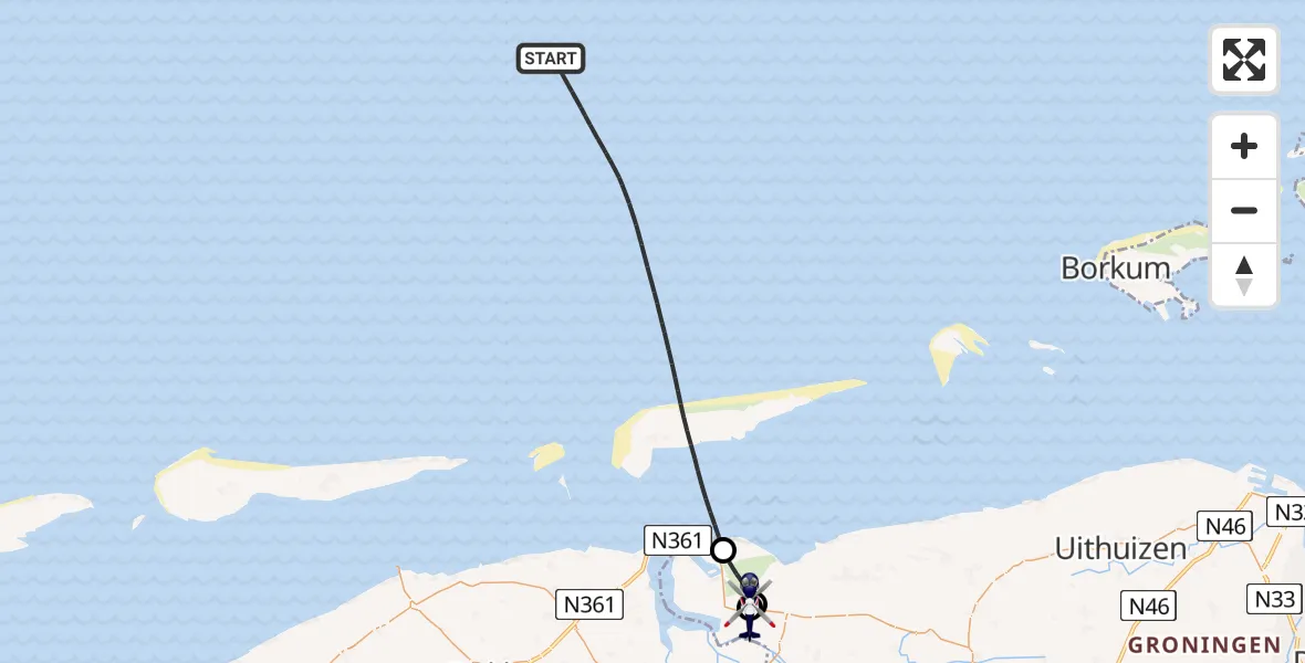 Vluchtroute Politiehelikopter van Noordzee naar Lauwersoog