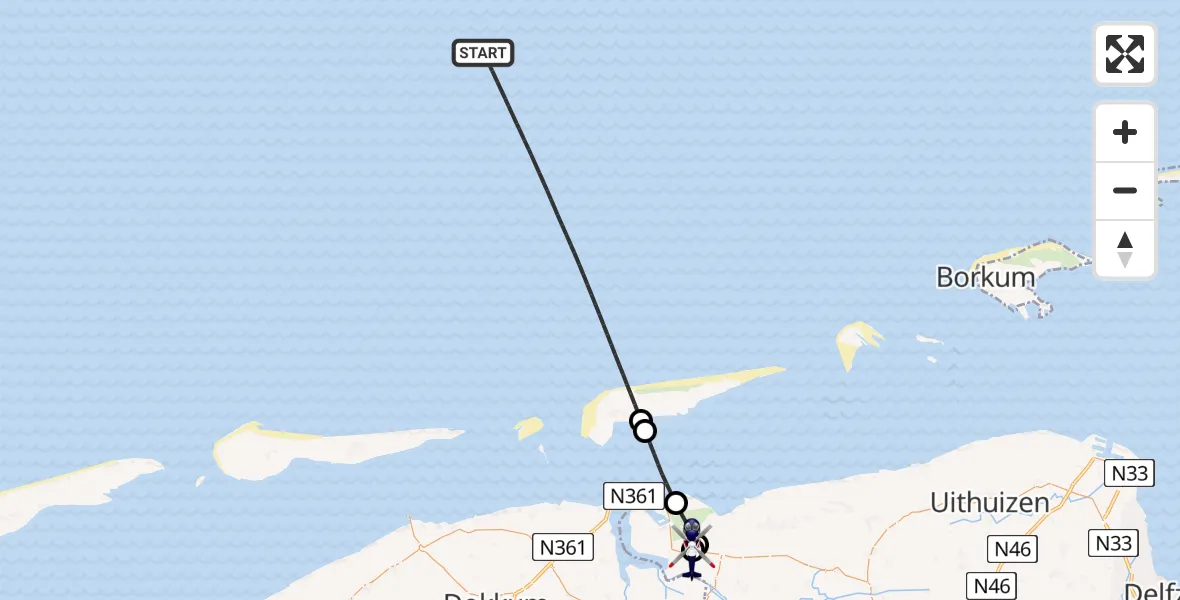 Vluchtroute Politiehelikopter van Noordzee naar Lauwersoog