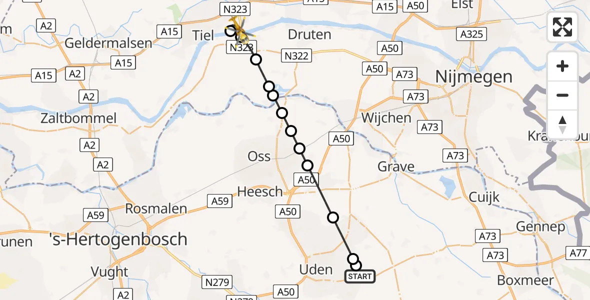 Vluchtroute Traumahelikopter van Vliegbasis Volkel naar Echteld