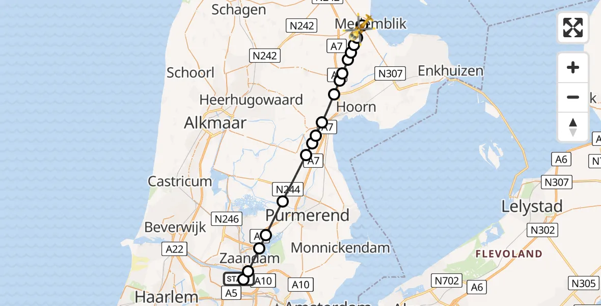Vluchtroute Traumahelikopter van Amsterdam Heliport naar Opperdoes