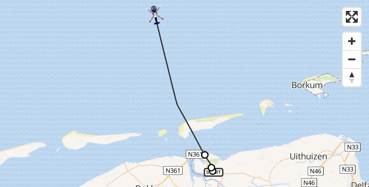 Vluchtroute Politiehelikopter van Lauwersoog naar Noordzee