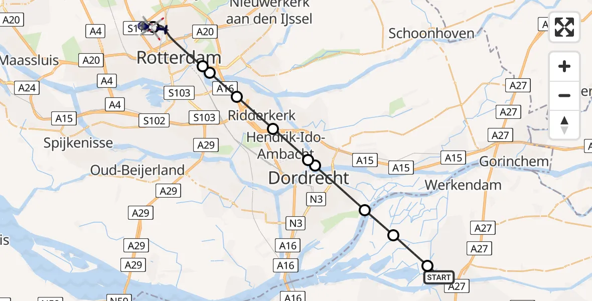 Vluchtroute Politiehelikopter van Hank naar Rotterdam The Hague Airport
