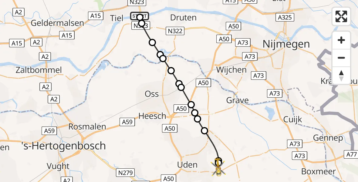 Vluchtroute Traumahelikopter van Echteld naar Vliegbasis Volkel