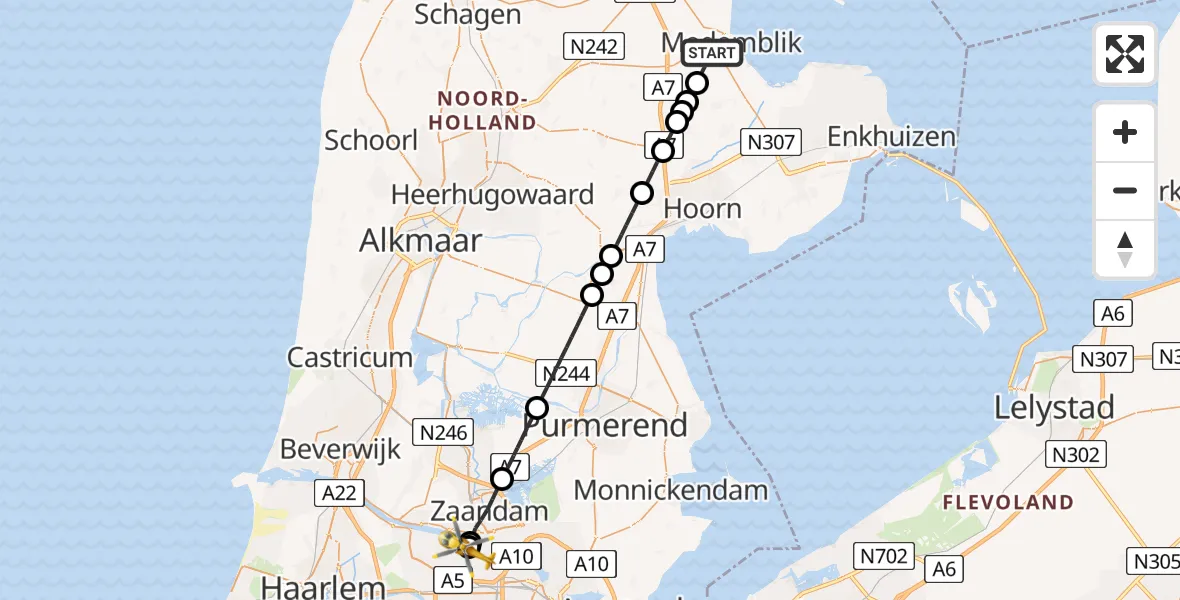 Vluchtroute Traumahelikopter van Opperdoes naar Amsterdam Heliport