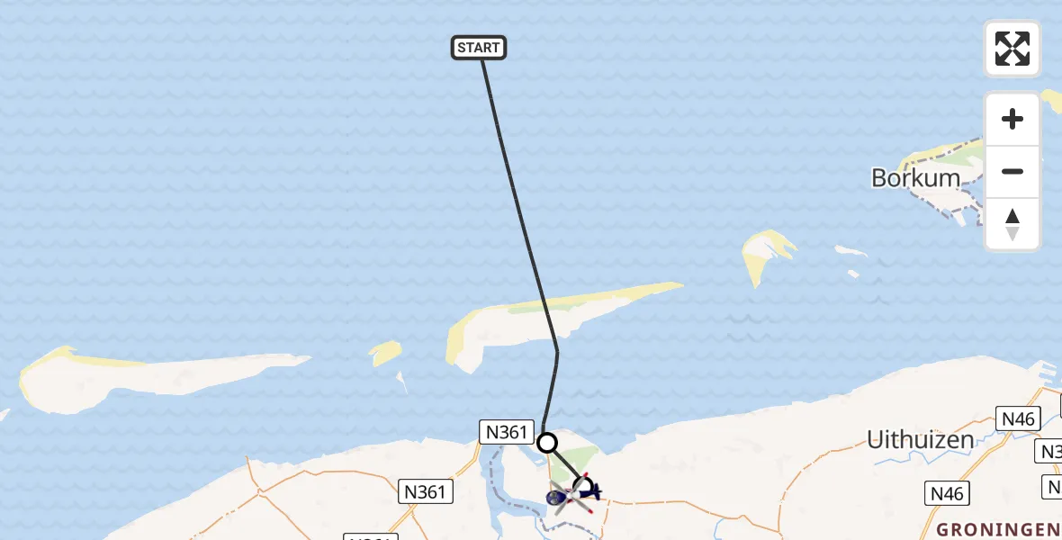 Vluchtroute Politiehelikopter van Noordzee naar Lauwersoog