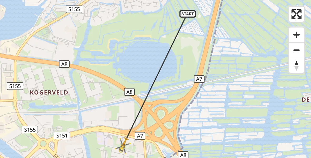 Vluchtroute Traumahelikopter van Zaandam naar Zaandam