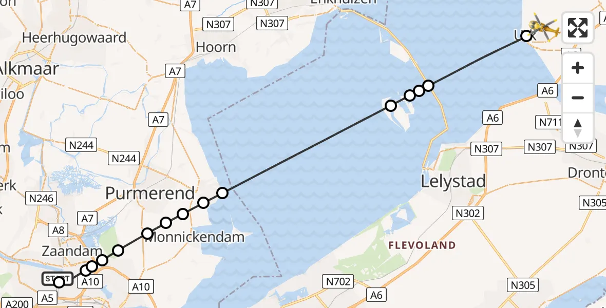 Vluchtroute Traumahelikopter van Amsterdam Heliport naar Urk