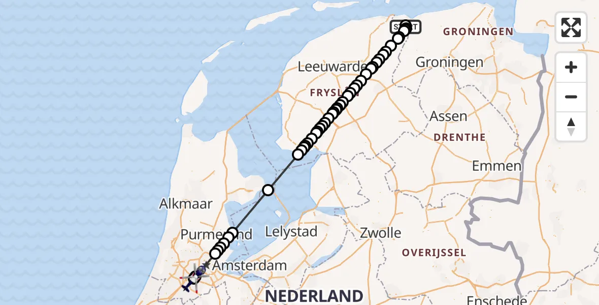 Vluchtroute Politiehelikopter van Lauwersoog naar Amsterdam Vliegveld Schiphol