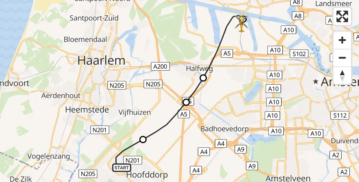 Vluchtroute Traumahelikopter van Hoofddorp naar Amsterdam Heliport