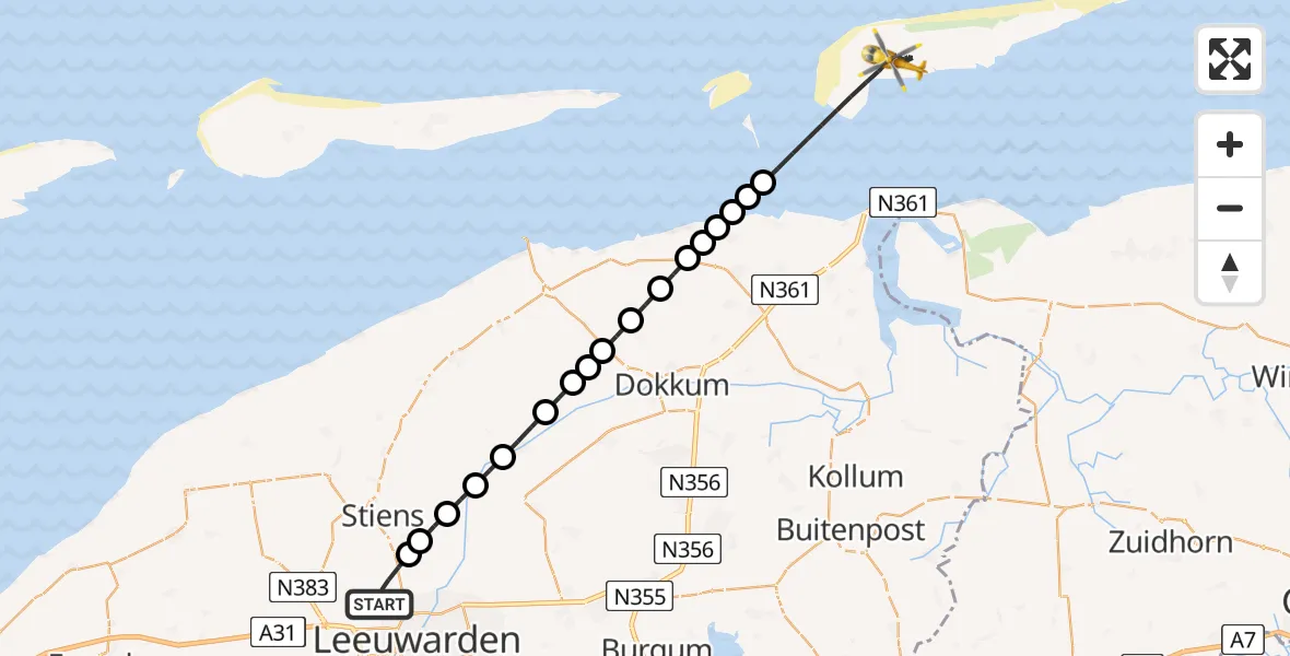 Vluchtroute Ambulancehelikopter van Vliegbasis Leeuwarden naar Noordzee