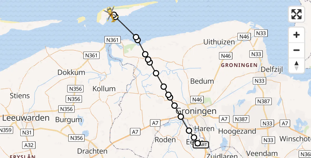 Vluchtroute Traumahelikopter van Groningen Airport Eelde naar Noordzee