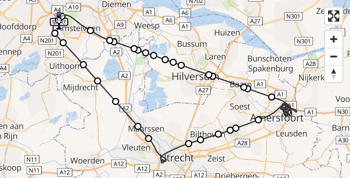 Vluchtroute Politiehelikopter van Amsterdam Vliegveld Schiphol naar Amsterdam Vliegveld Schiphol