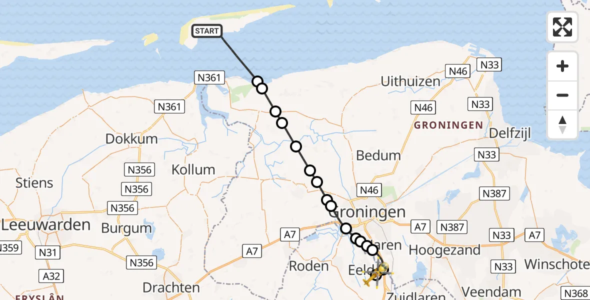 Vluchtroute Traumahelikopter van Noordzee naar Groningen Airport Eelde