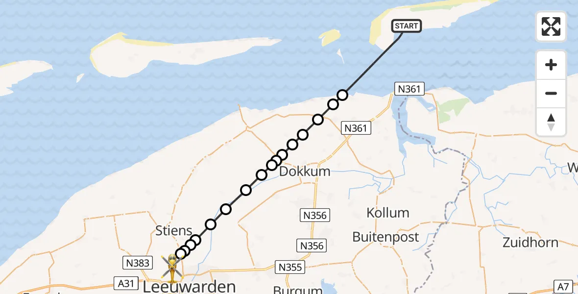 Vluchtroute Ambulancehelikopter van Noordzee naar Vliegbasis Leeuwarden