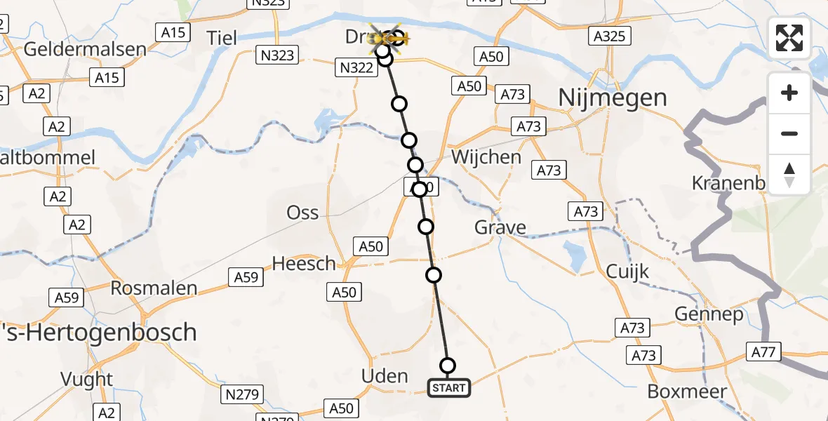 Vluchtroute Traumahelikopter van Vliegbasis Volkel naar Druten