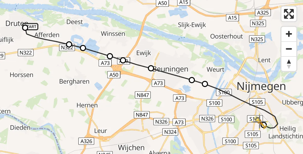 Vluchtroute Traumahelikopter van Druten naar Radboud University Medical Center Heliport