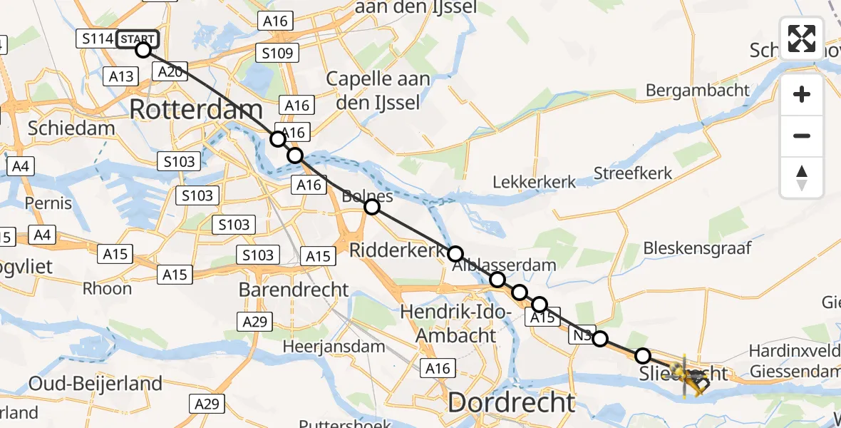 Vluchtroute Traumahelikopter van Rotterdam The Hague Airport naar Sliedrecht
