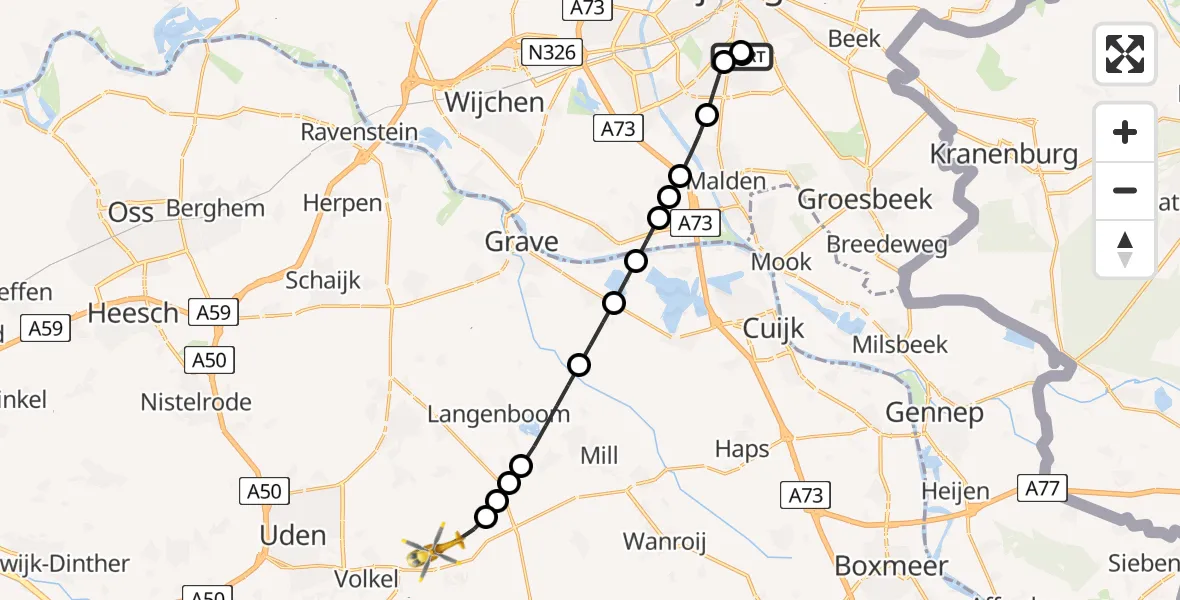 Vluchtroute Traumahelikopter van Radboud Universitair Medisch Centrum naar Vliegbasis Volkel