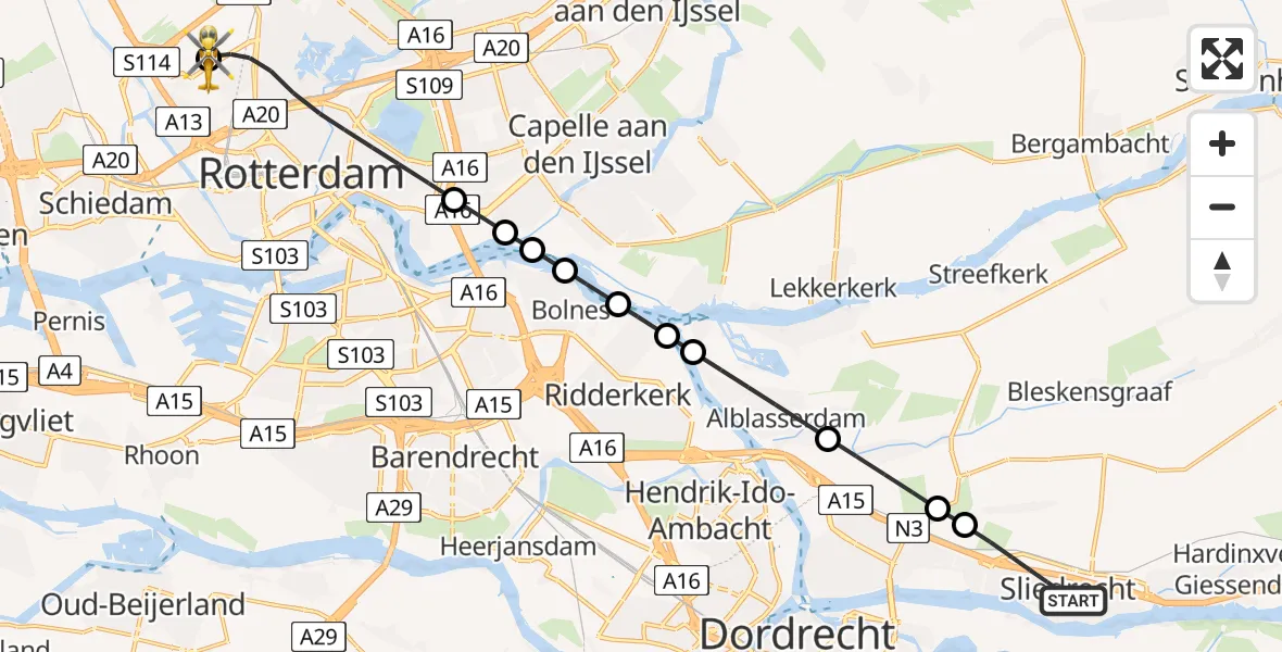 Vluchtroute Traumahelikopter van Sliedrecht naar Rotterdam The Hague Airport