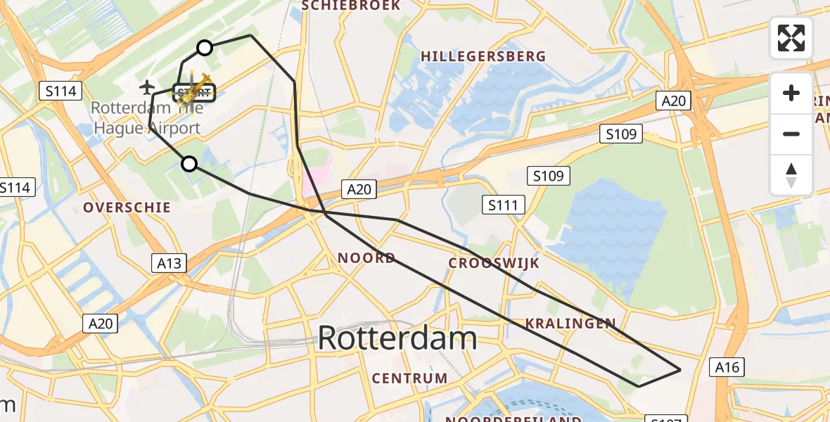 Vluchtroute Traumahelikopter van Rotterdam The Hague Airport naar Rotterdam The Hague Airport