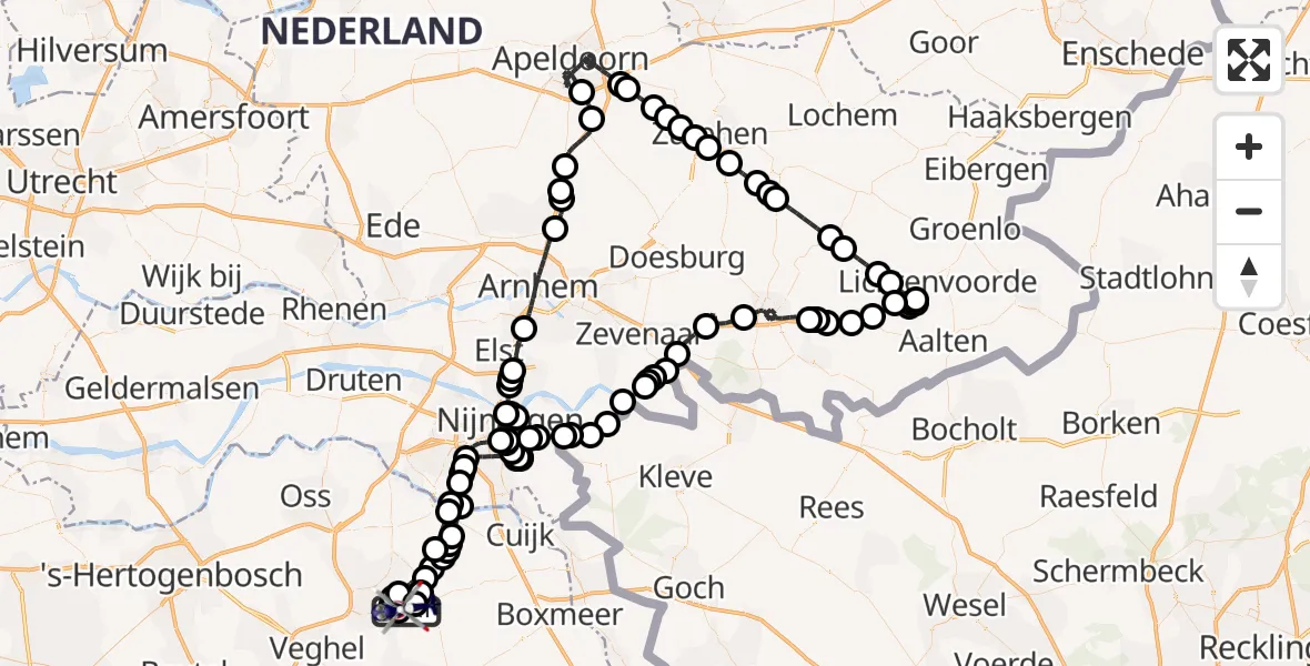 Vluchtroute Politiehelikopter van Vliegbasis Volkel naar Vliegbasis Volkel
