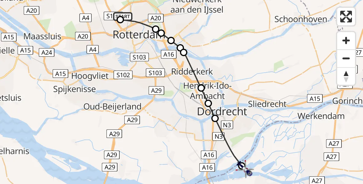 Vluchtroute Politiehelikopter van Rotterdam The Hague Airport naar Noordergat van de Visschen